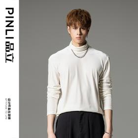 PINLI品立秋冬新品丝绒高领长袖T恤男士休闲高级感打底衫上衣B233111133