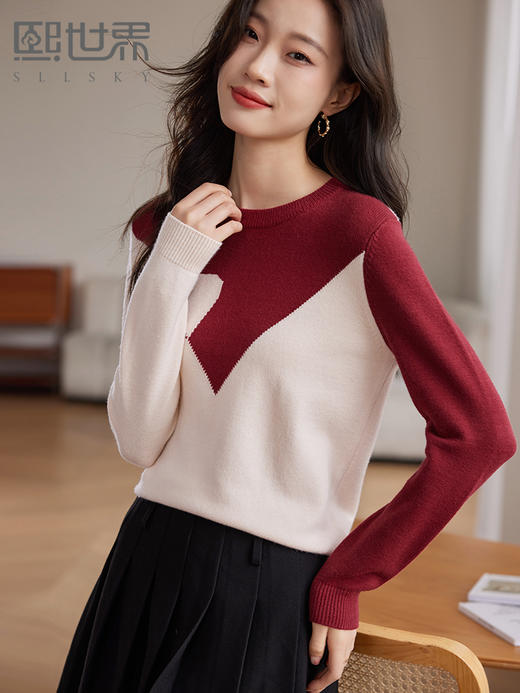 【年终特卖】熙世界红色撞色拼接慵懒毛衣女高级感宽松圆领针织衫2025秋冬新款 商品图0