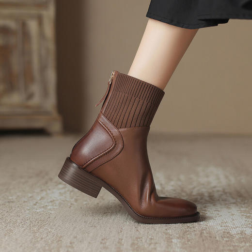 方头切尔西靴粗跟短靴，弹力针织袜靴高跟时装靴NJMK-K750 商品图1