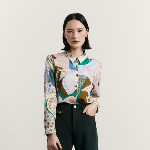 谜底花色衬衫长袖女2023冬季新品复古原创印花修身衬衣234MC1503 商品图0