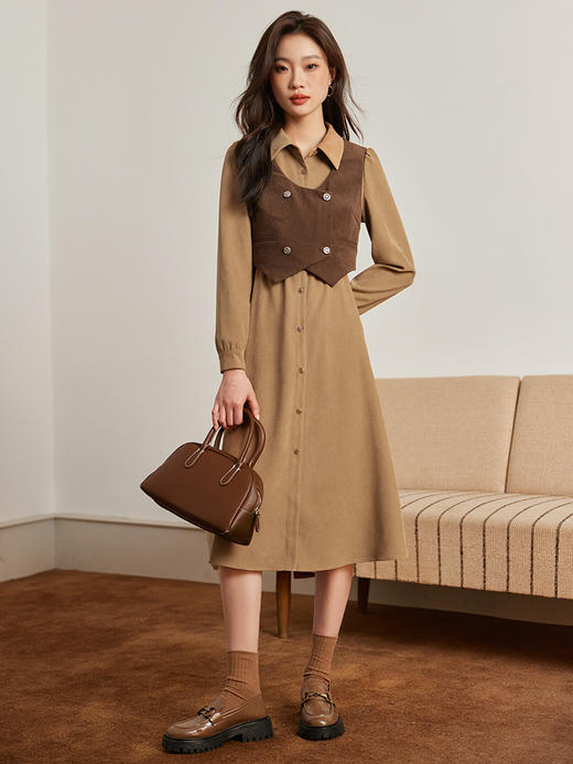 【1件75折，2件73折】熙世界学院风马甲配连衣裙套装女小众设计磨绒衬衫裙2025秋冬新款 商品图4