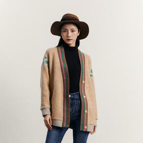 谜底圈圈呢大衣女2023冬季新品学院风V领撞色中长款外套234MD1488