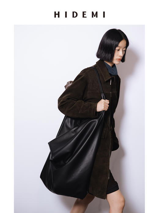 HIDEMI 麂皮极简拉链廓形口袋式中长款皮衣大衣套装 外套/中短裤 商品图5
