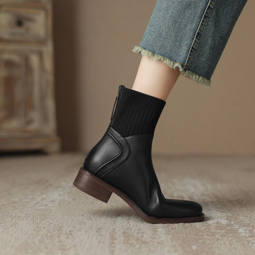 方头切尔西靴粗跟短靴，弹力针织袜靴高跟时装靴NJMK-K750 商品图4