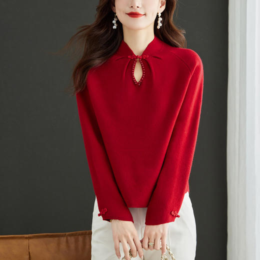 秋冬新款，设计感小香风毛衣女小个子短款针织立领国风红色上衣CC-MY-68278 商品图0