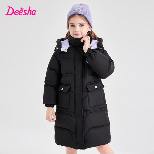 笛莎女童羽绒服2023冬季新款撞色连帽工装长款羽绒服  商品图1