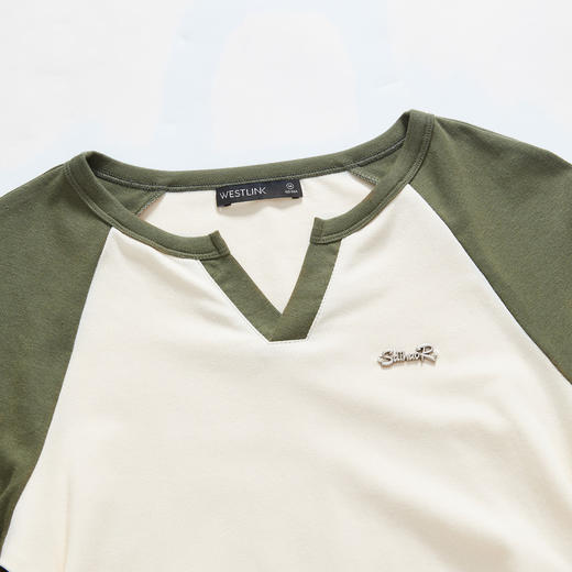 撞色休闲长袖T恤女新款拼色小V领设计感修身上衣女V0038443 商品图5