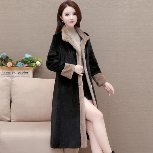 QYM-CR-YP2099-L长款加厚时尚保暖貂绒外套23年冬款长袖简约拼色修身洋气毛呢大衣 商品图1