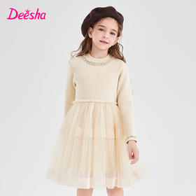 笛莎Deesha 童装2023冬季新款时尚网纱拼接针织连衣裙