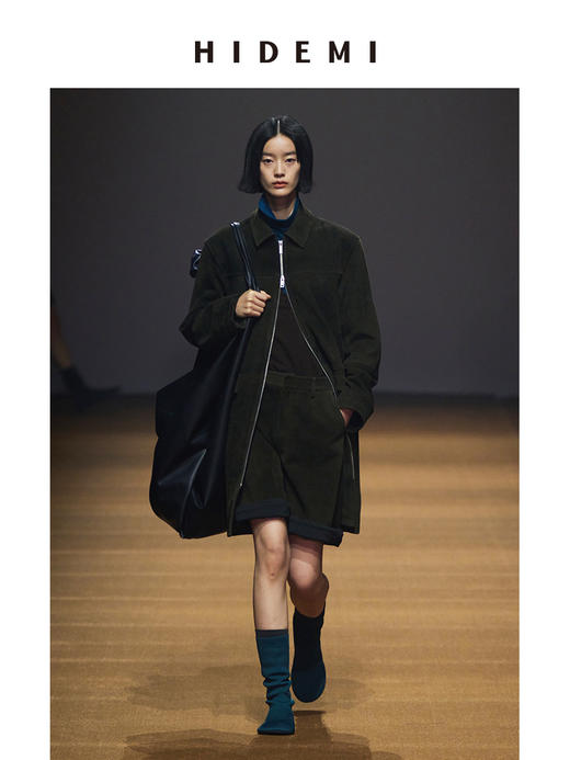 HIDEMI 麂皮极简拉链廓形口袋式中长款皮衣大衣套装 外套/中短裤 商品图3