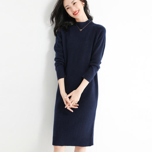丁摩羊毛混纺新女士修身半高领纯色长款打底针织衫毛衣连衣裙AL M2-D001 商品图1