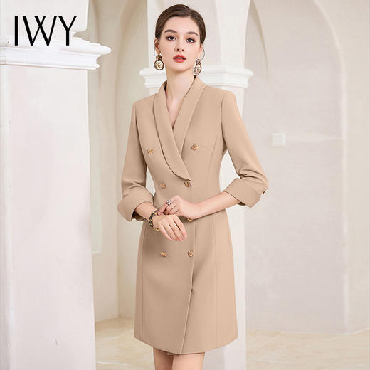 IWY/春秋卡其色西装连衣裙女气质双排扣复古职业套裙工作服Q991 商品图0