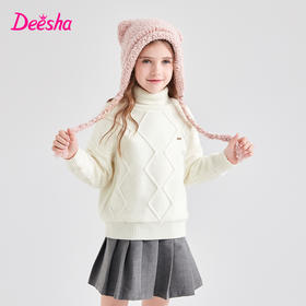 笛莎Deesha 童装女童针织衫2023冬新款加绒高领甜美花朵毛衣