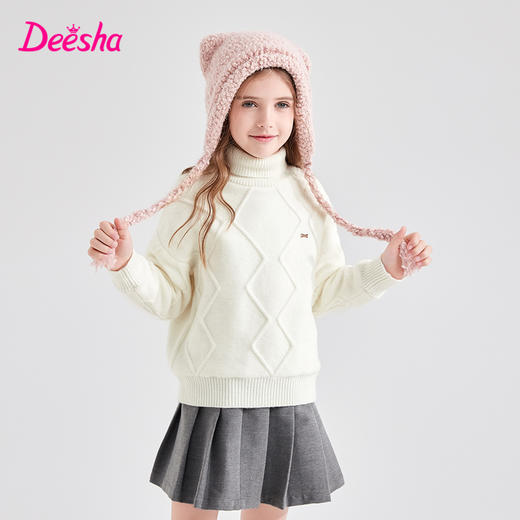 笛莎Deesha 童装女童针织衫2023冬新款加绒高领甜美花朵毛衣 商品图0