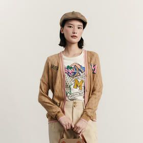 谜底针织开衫女2023冬季新品复古学院风V领刺绣宽松毛衣234MZ1873