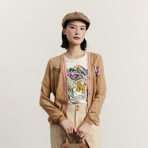 谜底针织开衫女2023冬季新品复古学院风V领刺绣宽松毛衣234MZ1873 商品图0