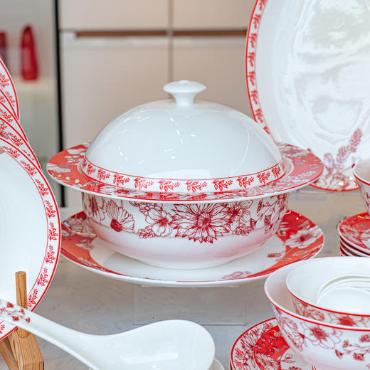 【餐具清仓特惠4折】品物攸宜唐山骨瓷锦绣前程中式碗碟 家用红色高级感餐具礼盒装 商品图1