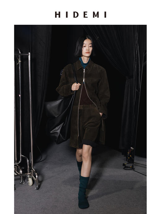 HIDEMI 麂皮极简拉链廓形口袋式中长款皮衣大衣套装 外套/中短裤 商品图4