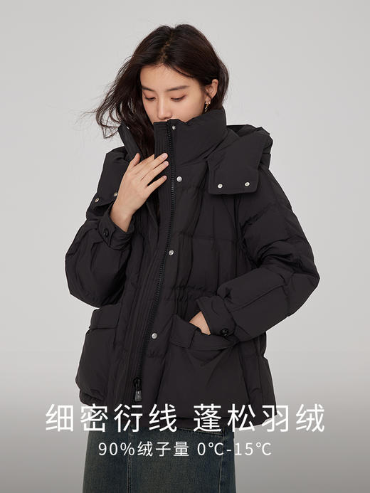 【年货节】熙世界立领连帽羽绒服女短款2025冬季新款白鸭绒收腰显瘦红色外套 商品图1