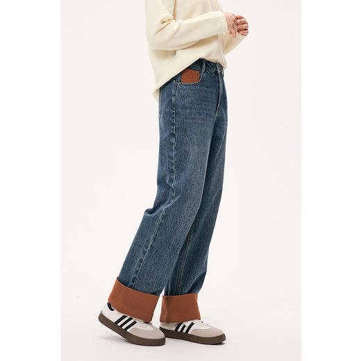 【严选】诗凡黎冬翻边撞色设计复古蓝牛仔裤7EA352441 商品图4