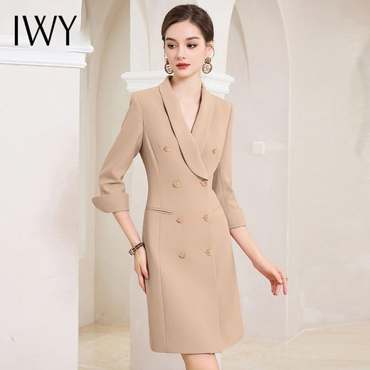 IWY/春秋卡其色西装连衣裙女气质双排扣复古职业套裙工作服Q991 商品图2