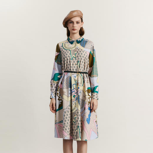 谜底花色连衣裙长袖2023冬新品复古田园风中长裙配腰带234ML1519 商品图0