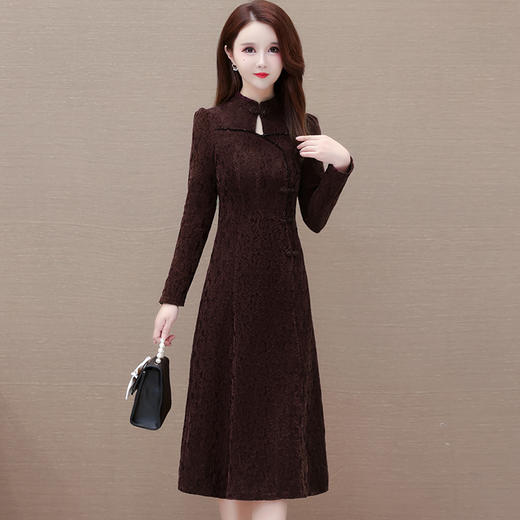 提花旗袍裙，中长款秋季妈妈装连衣裙时尚气质A字裙复古连衣裙QYM-HL-23F055 -Y 商品图1