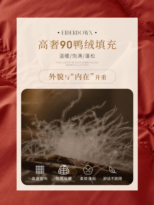 【年货节】熙世界立领连帽羽绒服女短款2025冬季新款白鸭绒收腰显瘦红色外套 商品图4
