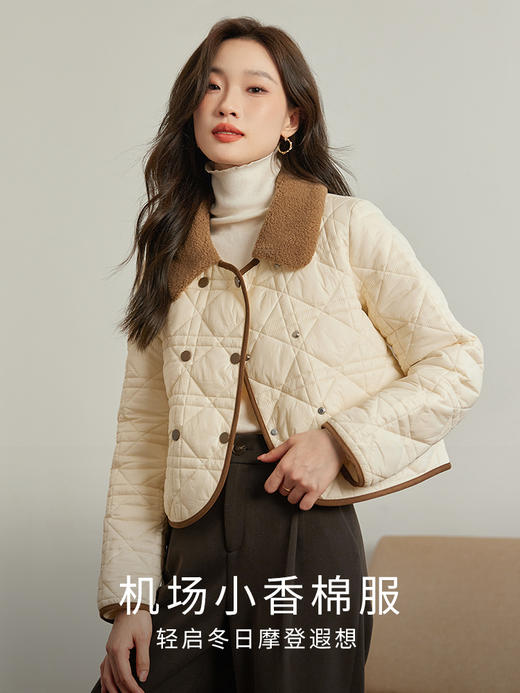【年货节】熙世界小香风短款羽绒棉服女冬季新款轻薄羊羔毛翻领菱格棉衣外套 商品图1