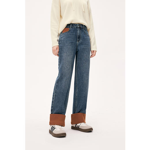 【严选】诗凡黎冬翻边撞色设计复古蓝牛仔裤7EA352441 商品图0