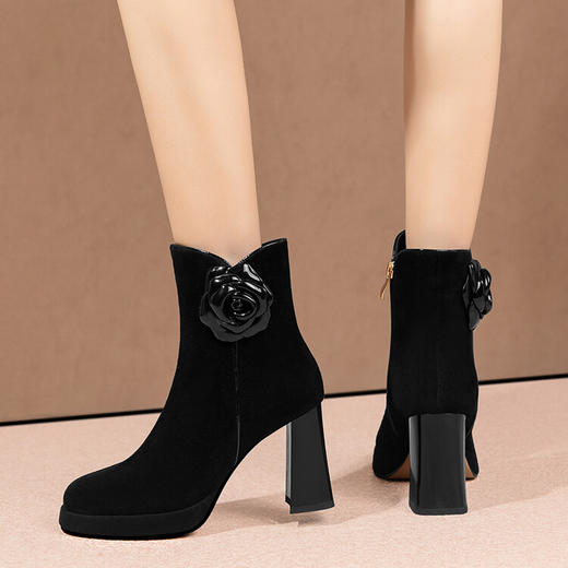 英伦风翻皮粗跟短靴，方头马丁靴后拉链单靴机车靴HY-H3236 商品图2