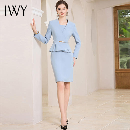 IWY/气质假两件蓝色西装连衣裙女秋长袖职场女装医美接待工作服Q1006 商品图0