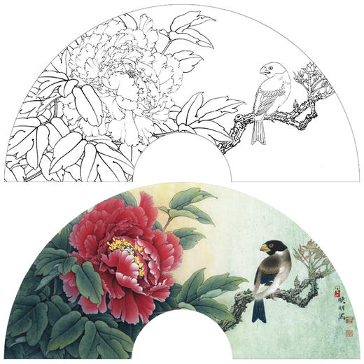 【大彩图】李晓明工笔画白描底稿扇面小品《蜡嘴小胡红》牡丹临摹勾线花鸟线稿K005 商品图0