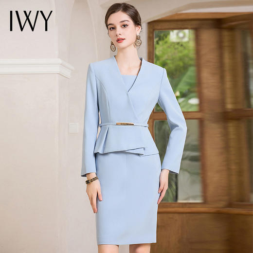 IWY/气质假两件蓝色西装连衣裙女秋长袖职场女装医美接待工作服Q1006 商品图1