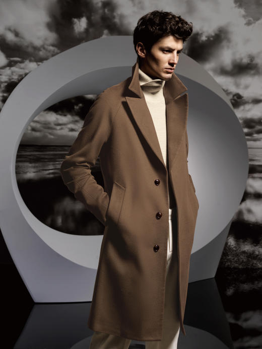 Stylbiella 10%羊绒90%羊毛卡其色插肩袖切斯菲尔德大衣 商品图0