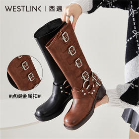 西遇复古骑士靴女新款秋季美式西部机车棕色中筒厚底马丁靴子D0033849