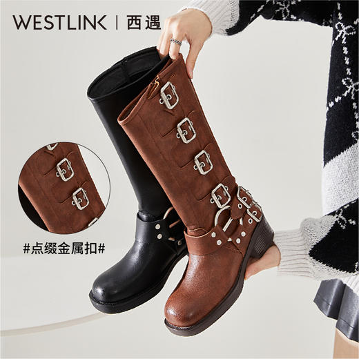 西遇复古骑士靴女新款秋季美式西部机车棕色中筒厚底马丁靴子D0033849 商品图0