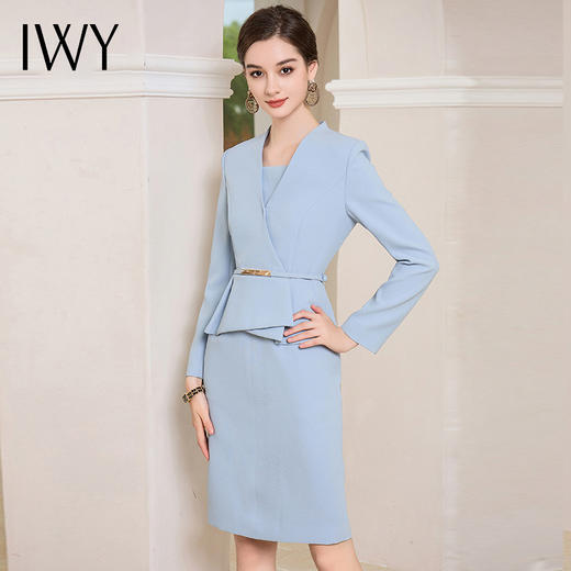 IWY/气质假两件蓝色西装连衣裙女秋长袖职场女装医美接待工作服Q1006 商品图3