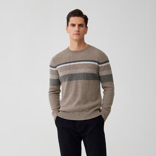 【纯羊绒条纹羊绒套衫】羊绒世家秋冬新品男士100%山羊绒衫条纹撞色内搭保暖毛衣 商品图1