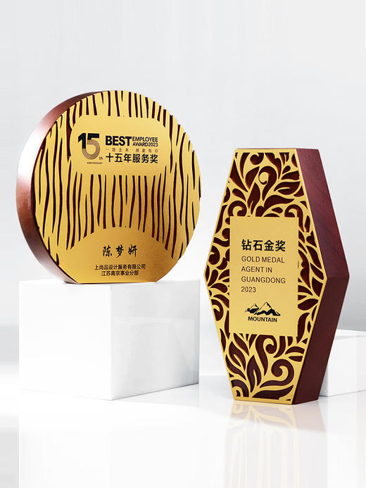 奖杯定制2023新款创意几何图形金属镂空实木奖杯优秀员工奖牌订做 商品图2