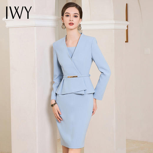 IWY/气质假两件蓝色西装连衣裙女秋长袖职场女装医美接待工作服Q1006 商品图2
