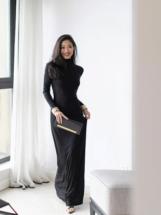 CG｜silk Jersey turtleneck MAXI Dress 真丝高领长袖针织连衣裙［ 黑 ] 商品图0