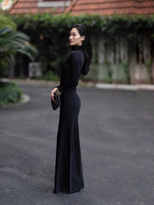 CG｜silk Jersey turtleneck MAXI Dress 真丝高领长袖针织连衣裙［ 黑 ] 商品图1