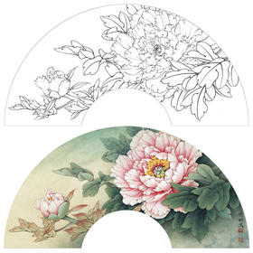 【大彩图】李晓明工笔画白描底稿扇面小品《赵粉》牡丹临摹勾线花鸟线稿K002