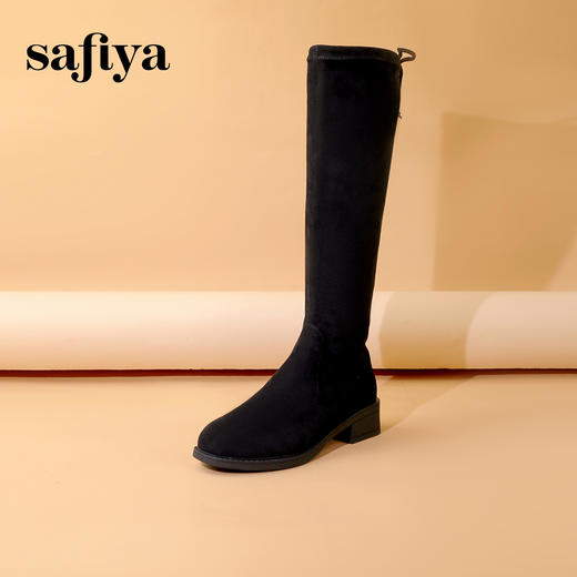 Safiya/索菲娅2023冬季显腿长弹力显瘦后系带粗跟高筒靴 SF34117014 商品图4