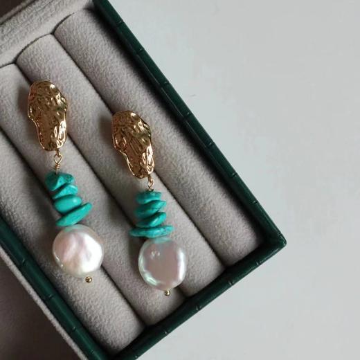 pearlside	【新中式】绿松石纽扣珍珠耳饰 商品图1