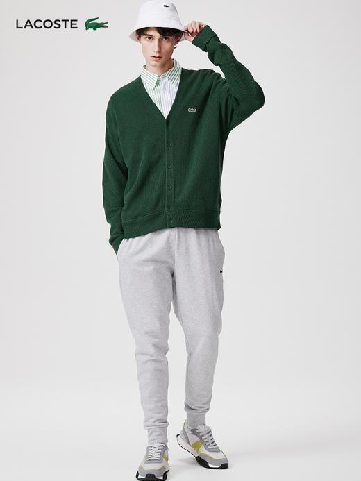 【海南专供价】Lacoste法国鳄鱼男装绿色V领休闲舒适羊毛衫针织毛衣开衫AH0397-98 商品图0