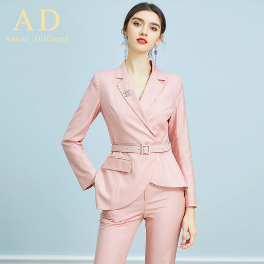 AD职业装气质女神范时尚修身粉色西装阔腿裤套装洋气名媛正装春季 商品图3