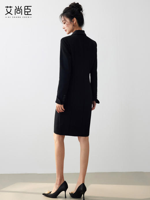 艾尚臣黑色连衣裙女秋冬新款时尚气质OL通勤青果领修身显瘦西装裙 商品图4