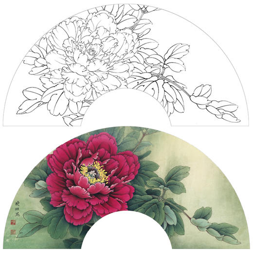 【大彩图】李晓明工笔画白描底稿扇面小品《胡红》牡丹临摹勾线花鸟线稿K004 商品图0